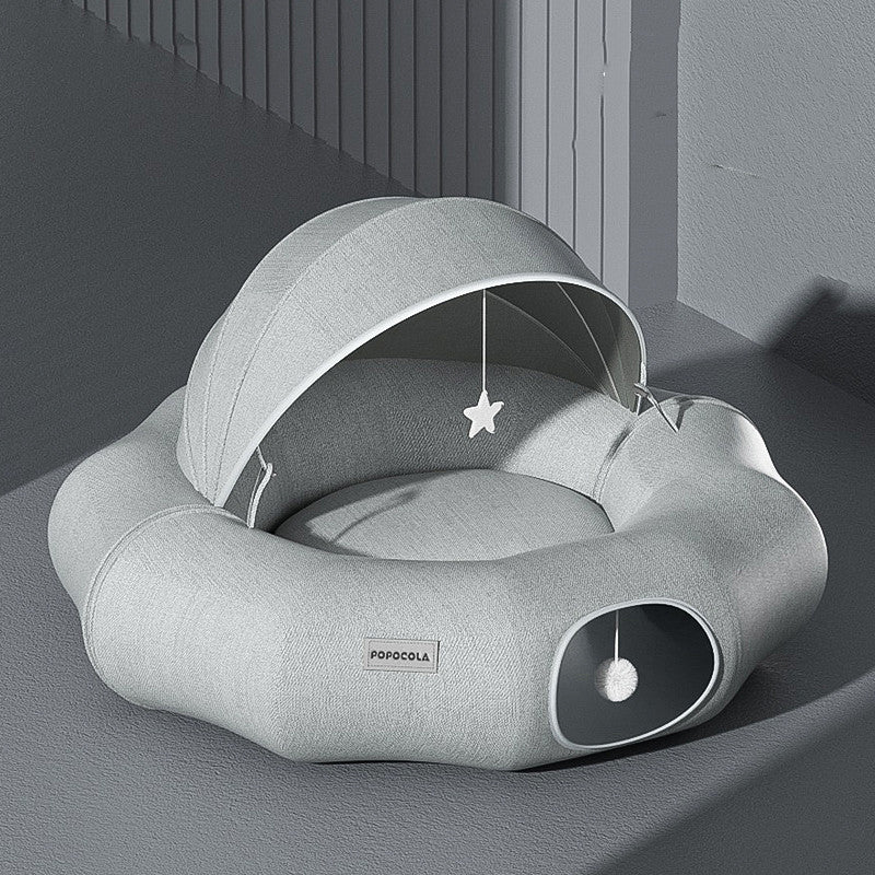 FluffEase - 2in1 Katzentunnel mit integriertem Kuschelbett & Spielbogen